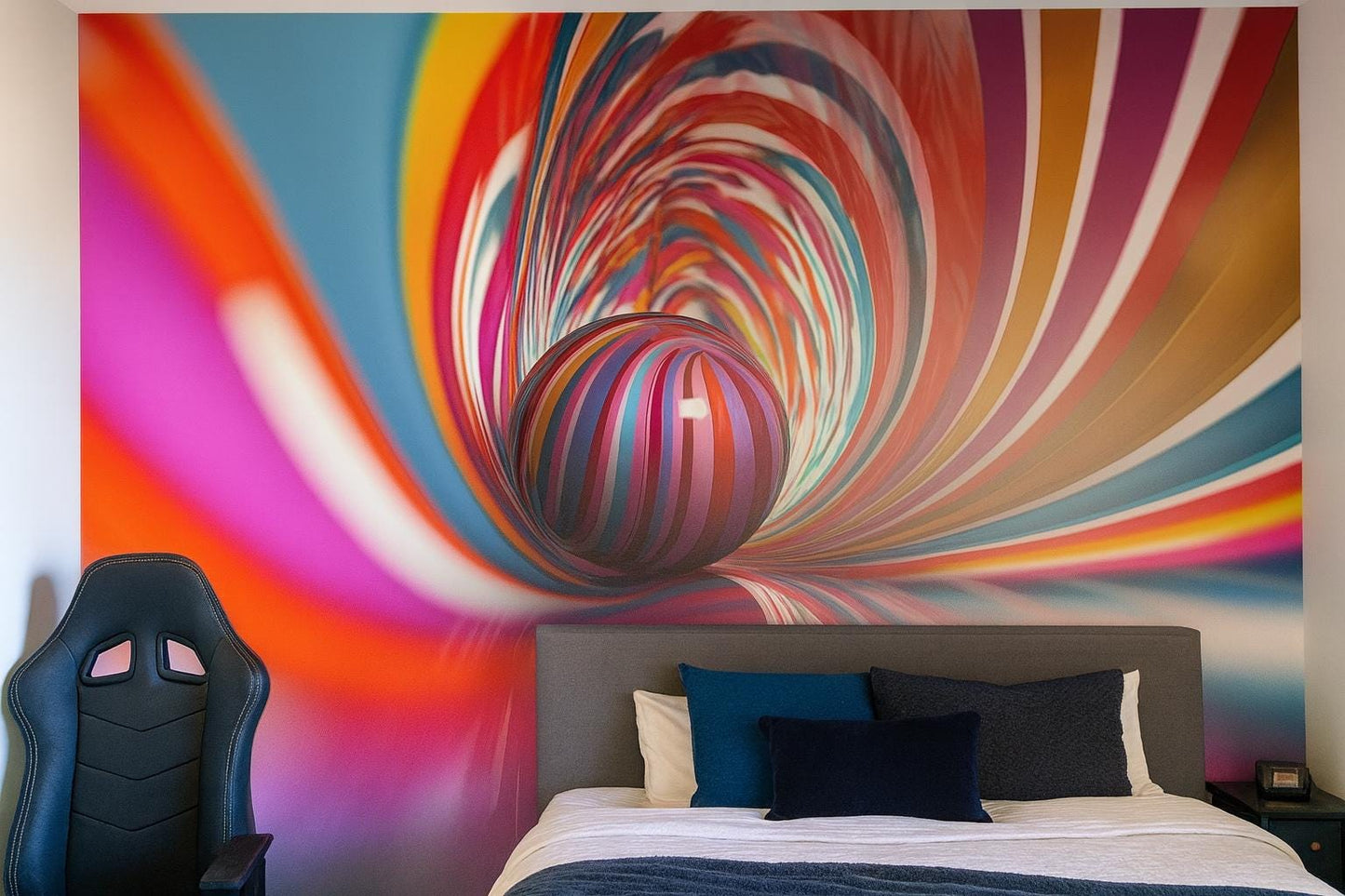 Colorful 3D Tunnel Wall Mural – Rainbow Striped Sphere Wallpaper Vn911