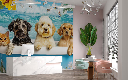 Funny Beach Dogs in Bathtub Wall Art | Cute Dog Cat Bathroom Decor | Surreal Animal Print | Pet Lovers Gift | Coastal Pet Art Print Vn673