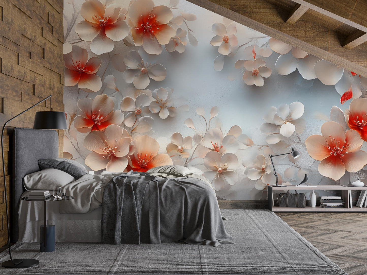 Romantic 3D Floral Wall Mural | Peach Blossom Wallpaper | Elegant Bedroom Accent | Large Flower Wall Art | Botanical Nature Decor Vn575