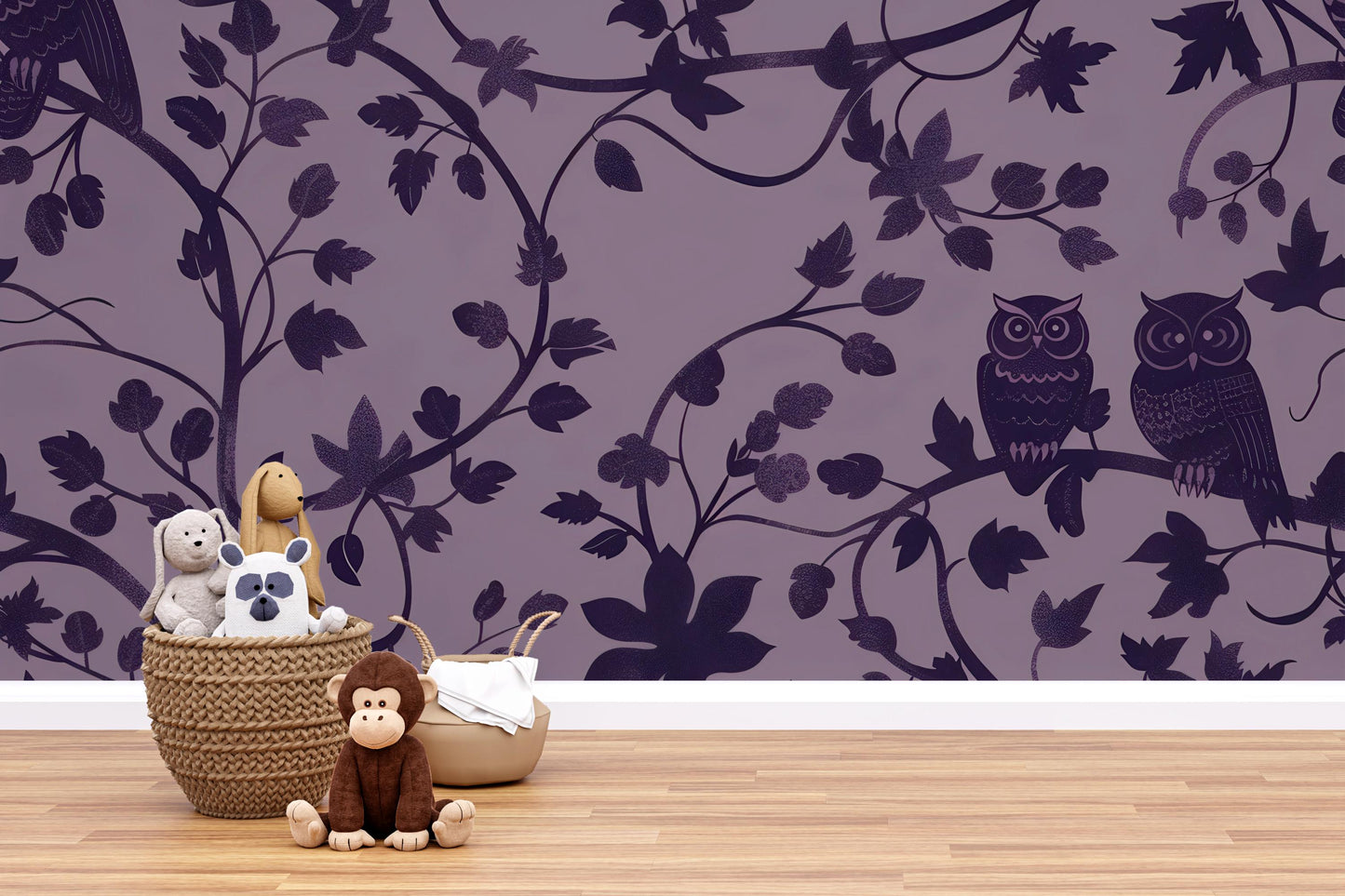 Purple Owl Wallpaper – Whimsical Forest Vine Wall Mural Vn1094