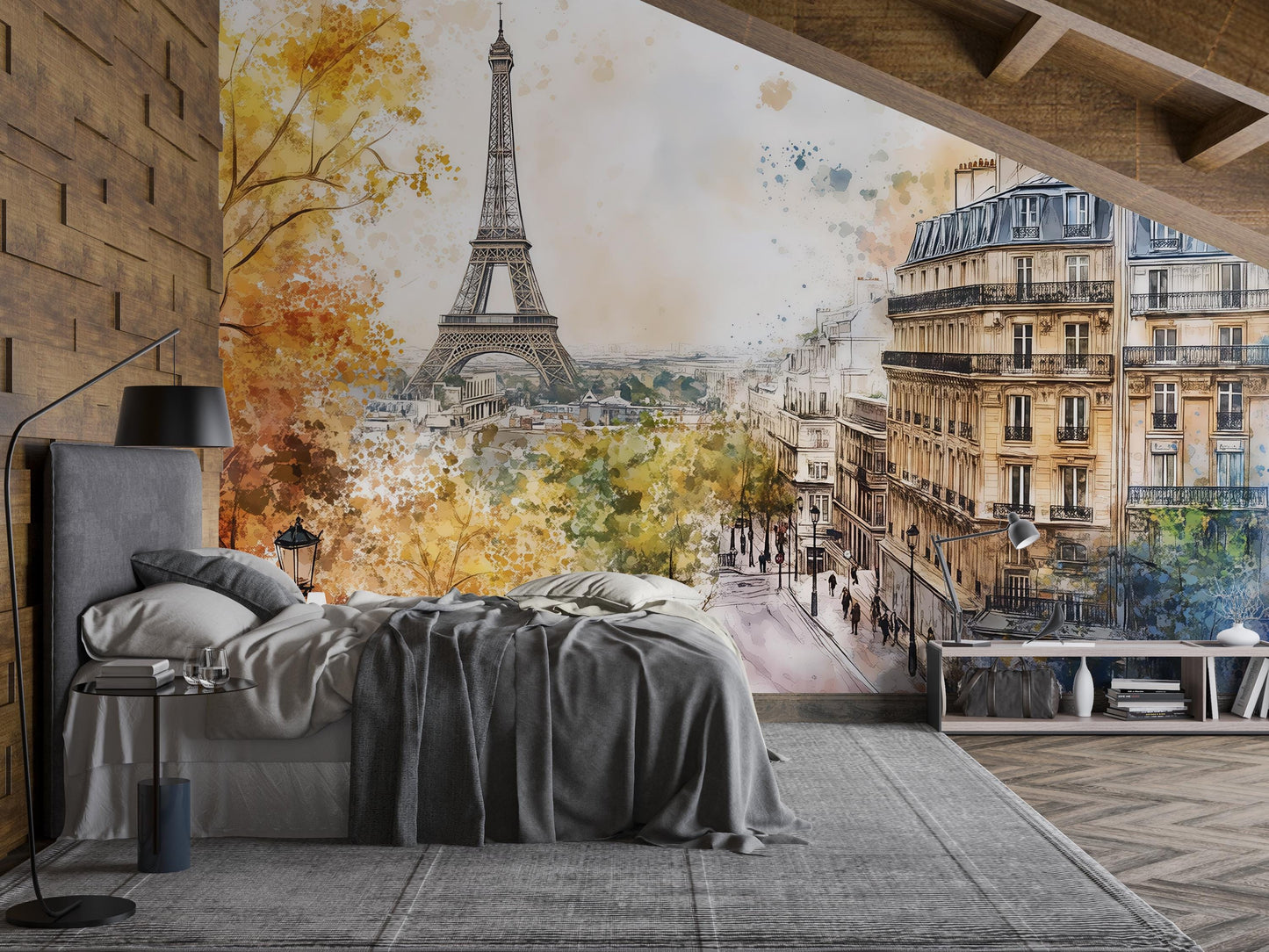 Eiffel Tower Wall Mural – Paris Street Watercolor Wallpaper Vn930