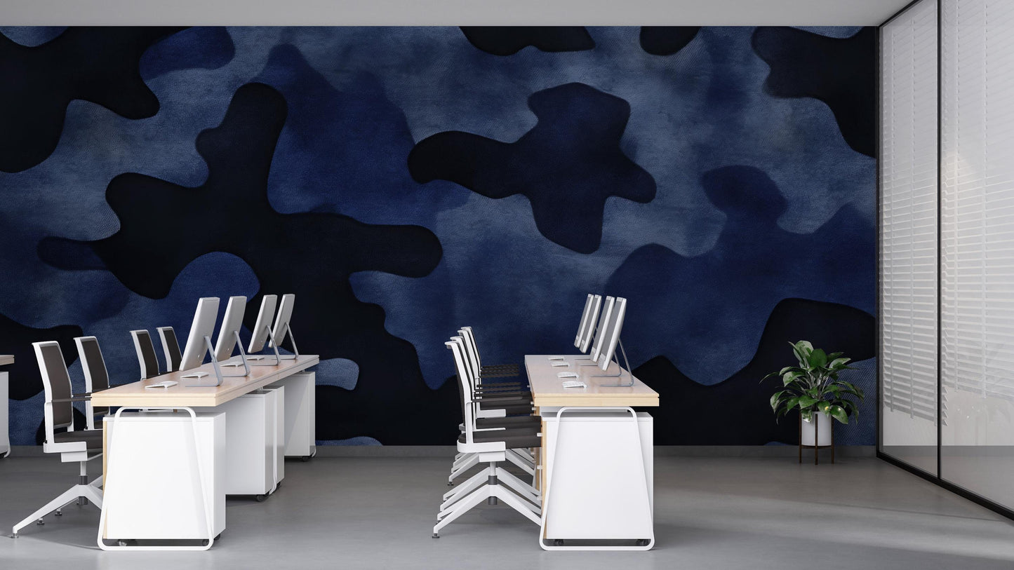 Blue Camo Wall Mural Office Decor | Modern Abstract Wallpaper | Bold Accent Wall Art Vn463