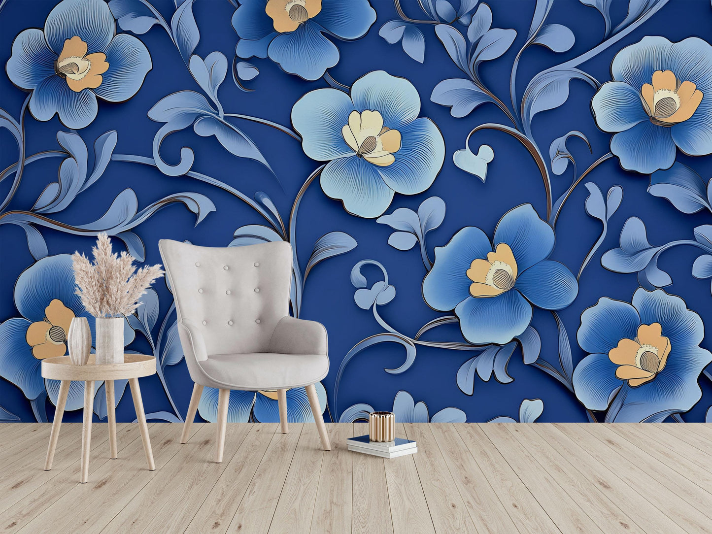 Blue and Yellow Floral Wall Mural – Bold 3D Effect Botanical Wallpaper for Living Room Vn770