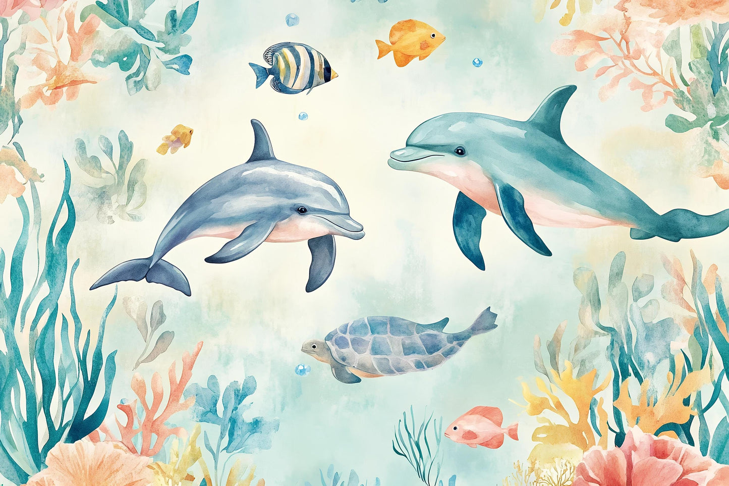 Dolphin Wall Mural – Underwater Ocean Nursery Wallpaper with Sea Turtle & Fish Vn988