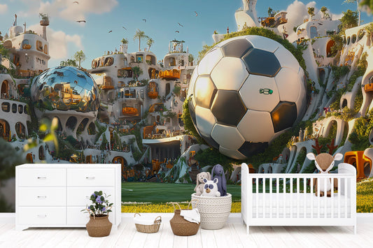 Soccer Fantasy Village Wall Mural – Giant Ball Nursery Wallpaper, Futuristic Kids Room Art, Whimsical City Sports Decor Vn056