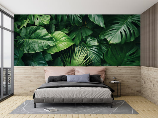 Tropical Jungle Leaf Wall Mural | Large Botanical Green Plant Wallpaper | Modern Nature Bedroom Decor | Peel & Stick or Traditional Vn209