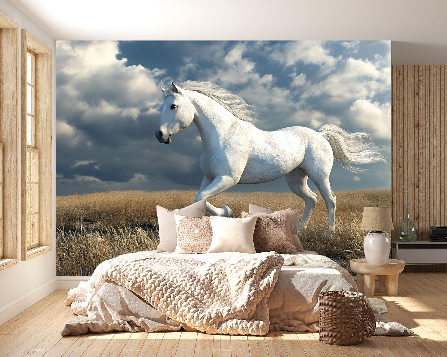 White Horse Wall Mural – Majestic Stallion Running in Field Wallpaper for Bedroom or Nursery Vn784