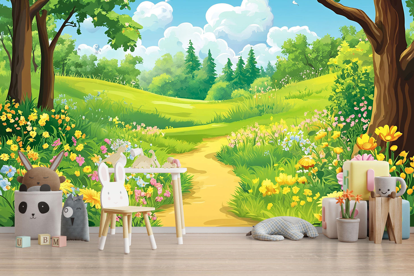 Whimsical Forest Meadow Wall Mural for Kids Room – Nature Cartoon Landscape Wallpaper for Nursery or Playroom Decor Vn618