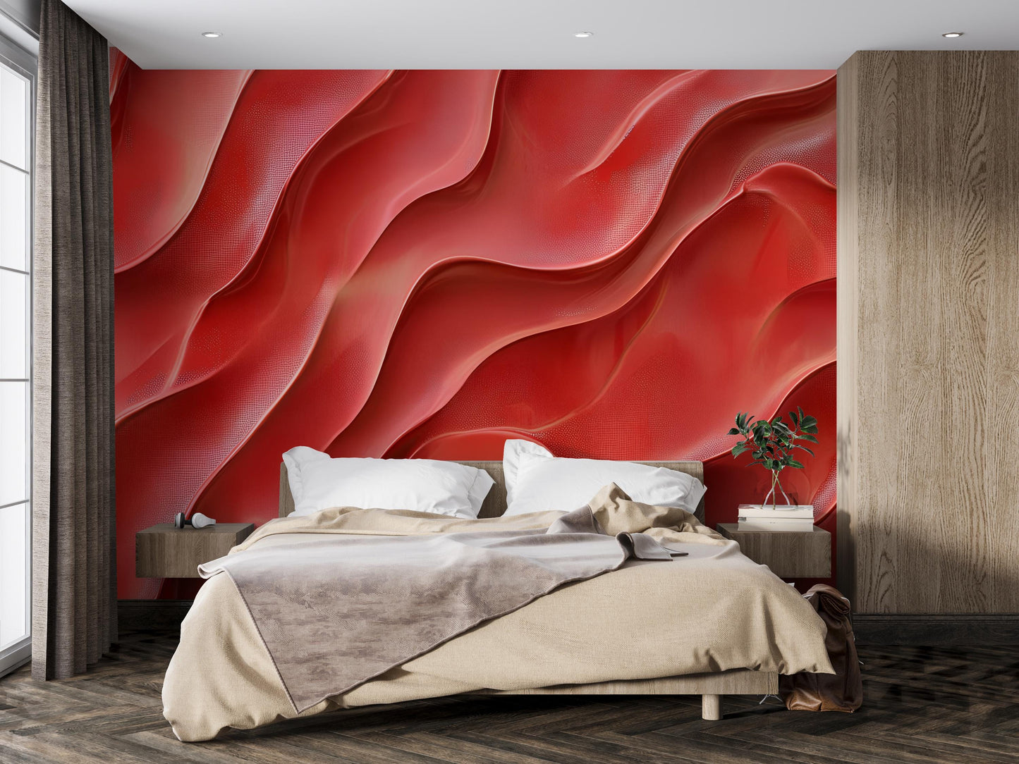 Red Wave 3D Wall Mural | Modern Abstract Wallpaper | Bold Red Accent Wall Art | Bedroom Living Room Decor Vn237