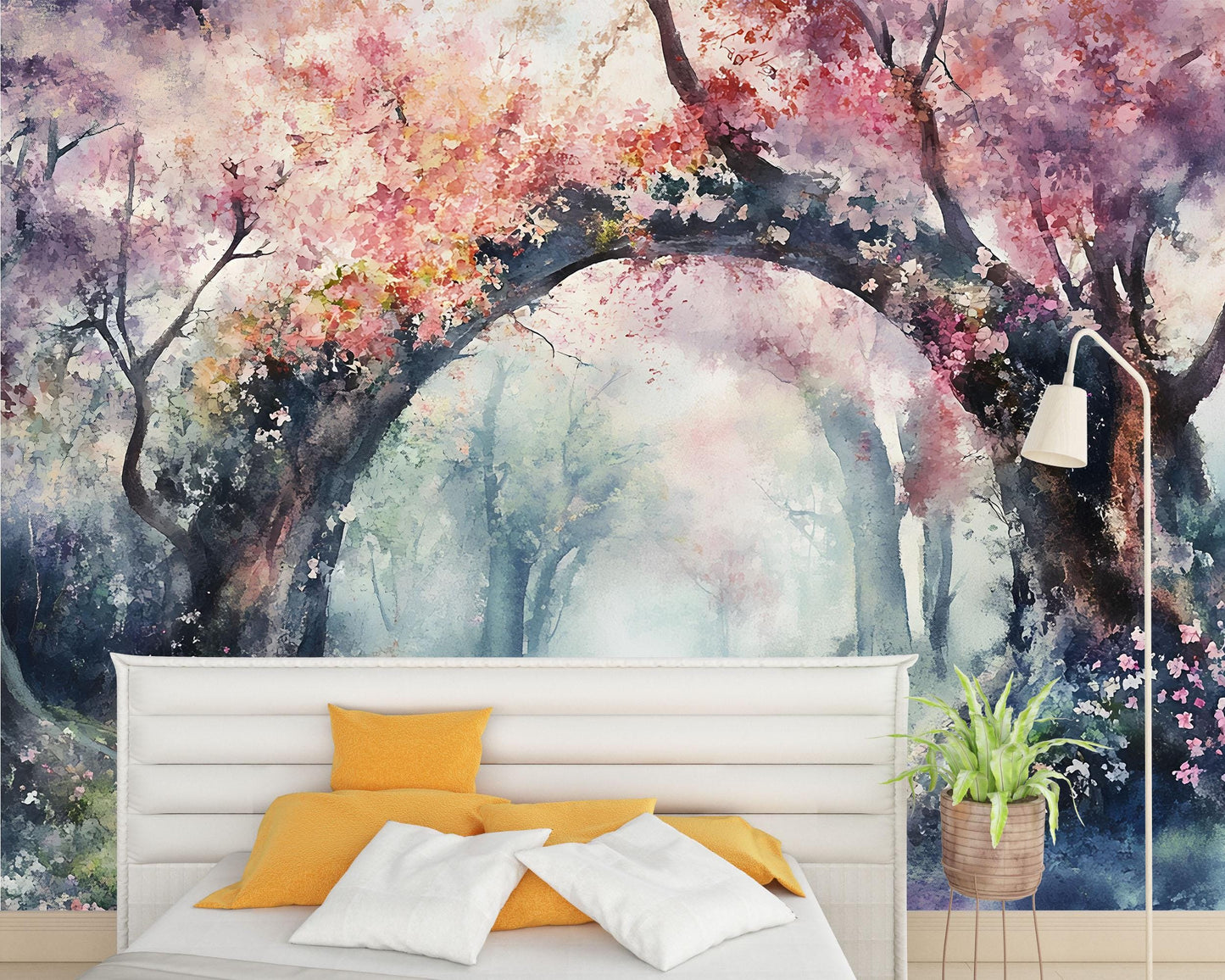 Cherry Blossom Forest Mural Wallpaper – Dreamy Watercolor Wall Art for Bedroom or Living Room Vn765