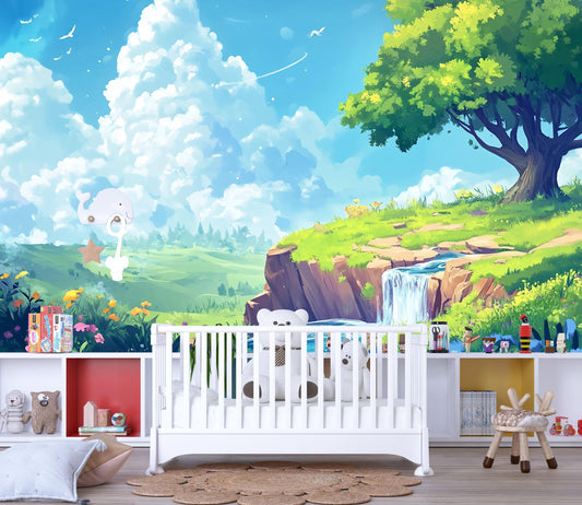 Whimsical Nature Nursery Wall Mural – Forest Tree Landscape Wallpaper – Baby Room Wall Decor – Crib Backdrop Vn704
