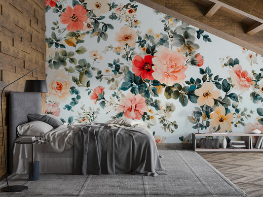 Large Floral Wall Mural, Romantic Watercolor Flower Wallpaper, Botanical Bedroom Accent Wall, Peel and Stick Floral Mural Vn643