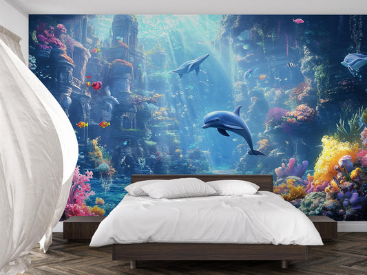 Underwater Ocean Wall Mural, 3D Dolphin Coral Reef Wallpaper, Kids Room Sea Decor Vn254