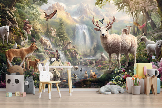 Whimsical Animal Forest Mural - Woodland Waterfall Nature Scene - Nursery Wall Art - Deer, Fox, Bird Fantasy Wallpaper Print Vn293