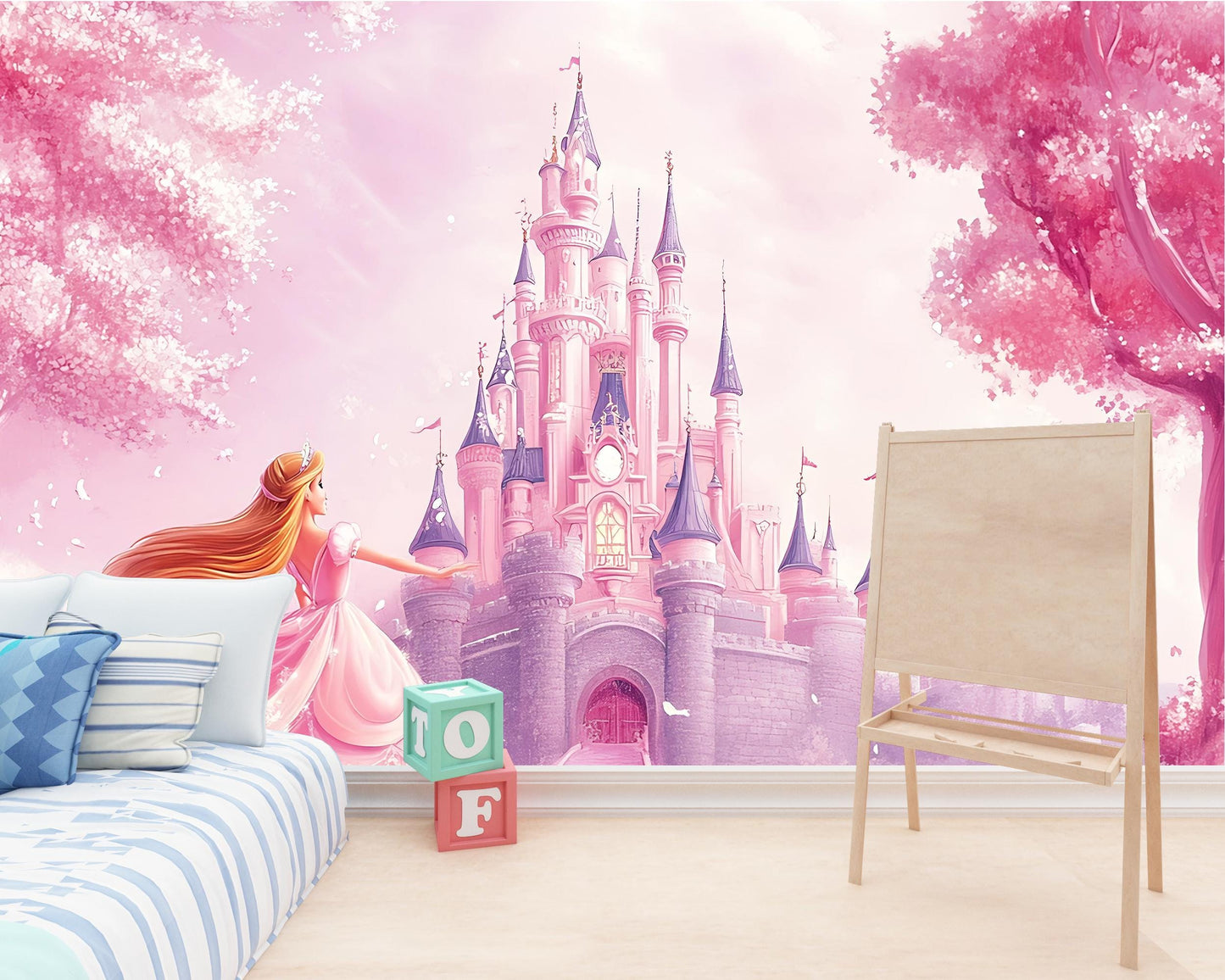 Pink Princess Castle Wall Mural – Fairytale Girl’s Room Decor, Removable Wallpaper for Nursery or Playroom Vn359