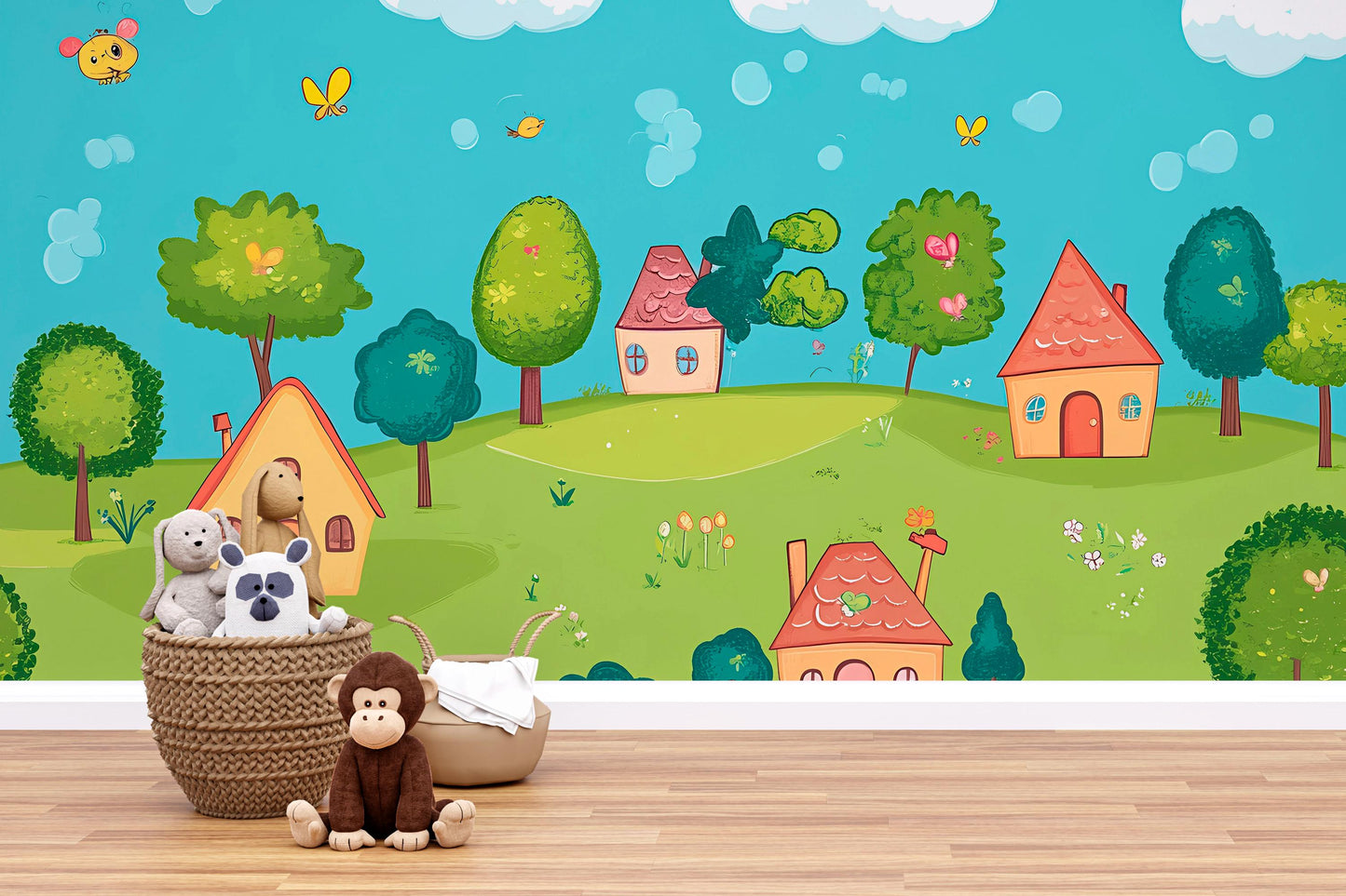 Whimsical Kids Wall Mural – Colorful Cartoon Village Landscape Wallpaper – Playroom Nursery Decor Vn620