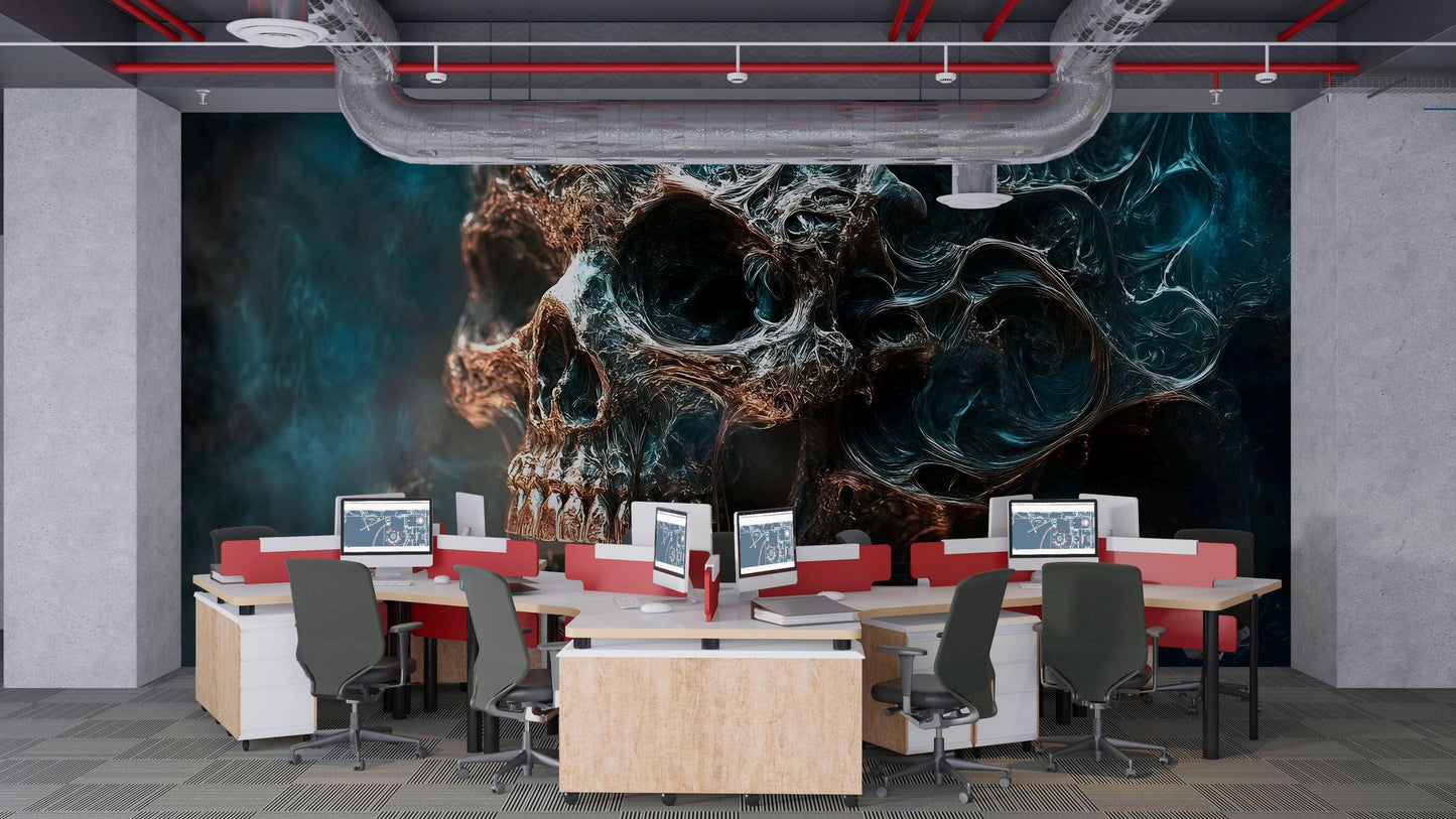Surreal Skull Wall Mural | Gothic Abstract Art Wallpaper | Dark Fantasy Skull Tapestry | Edgy Bedroom Wall Decor Vn716