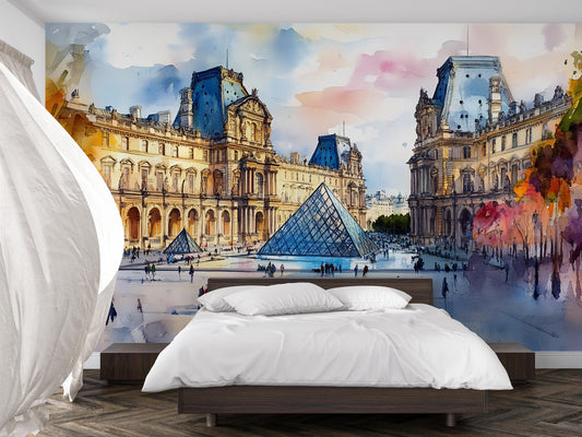 Louvre Paris Watercolor Wall Mural – Pyramid & Museum Wallpaper Vn934