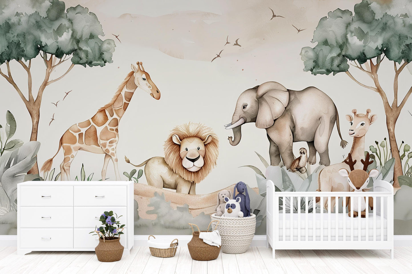 Safari Nursery Wall Mural | Jungle Animal Wallpaper Kids Room Vn1038