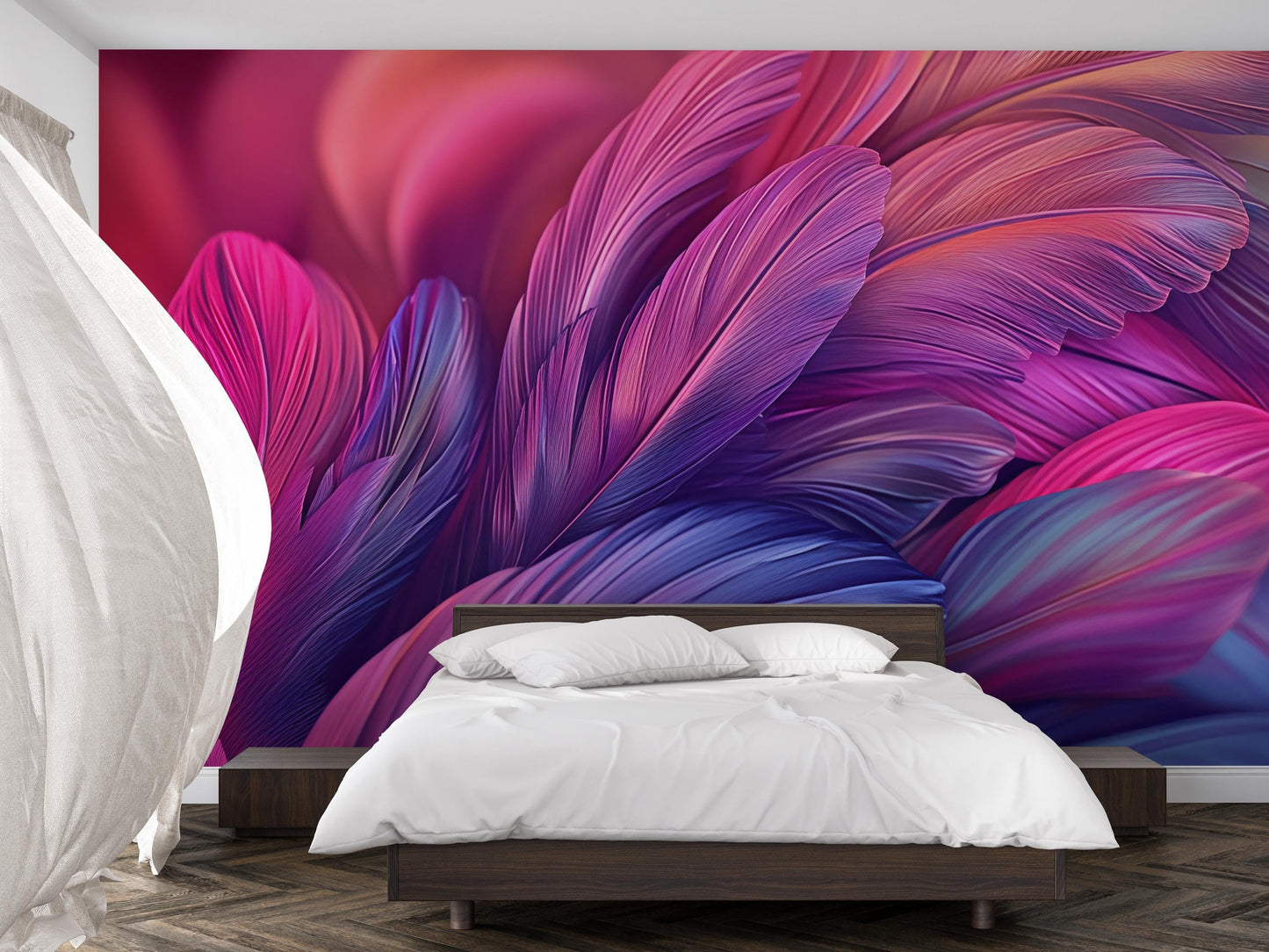 Large Boho Feather Wall Mural - Colorful Pink Purple Bedroom Wallpaper - Removable Peel and Stick Accent Wall Art Vn592