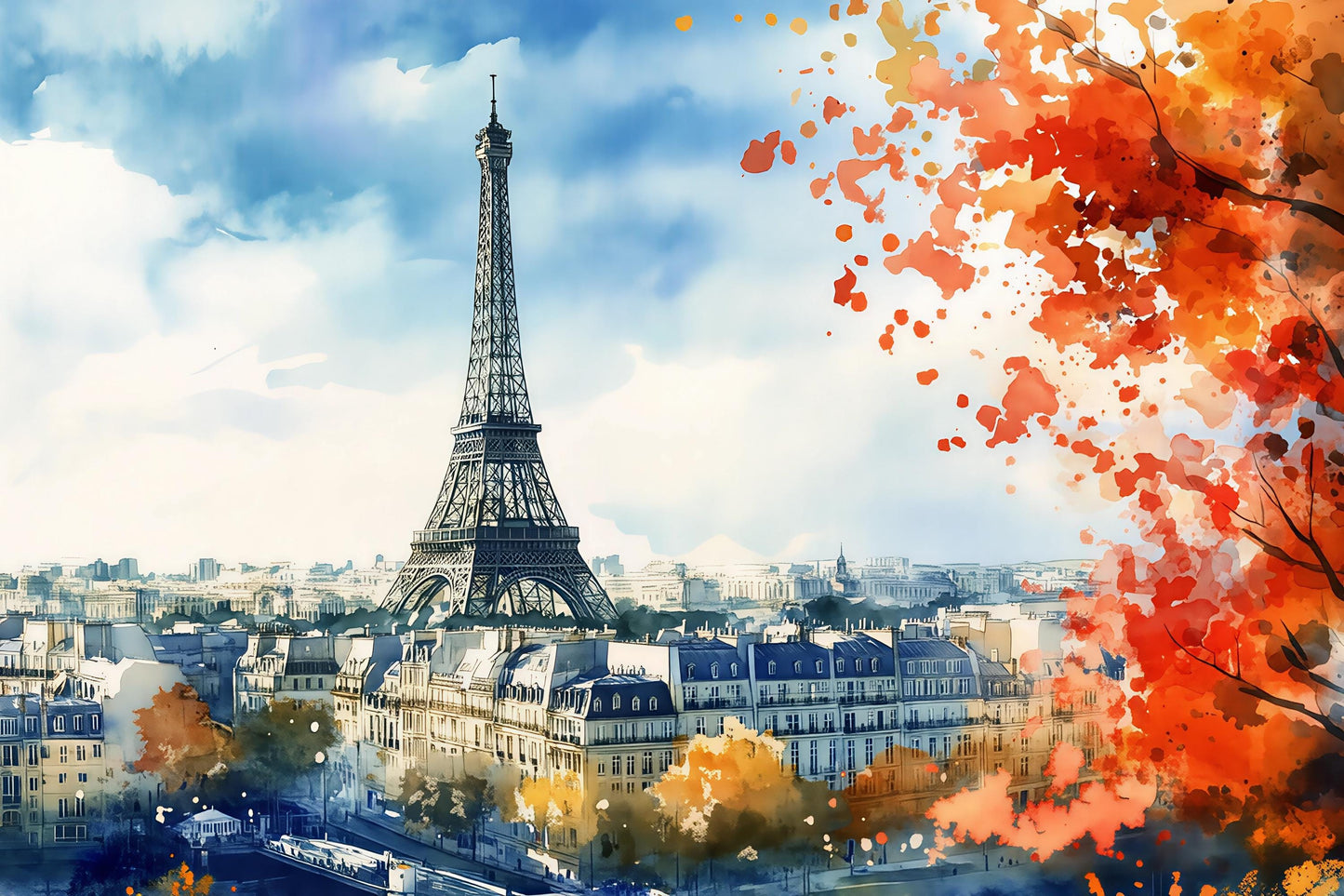 Paris Eiffel Tower Wall Mural – Watercolor Paris Skyline Wallpaper Vn927