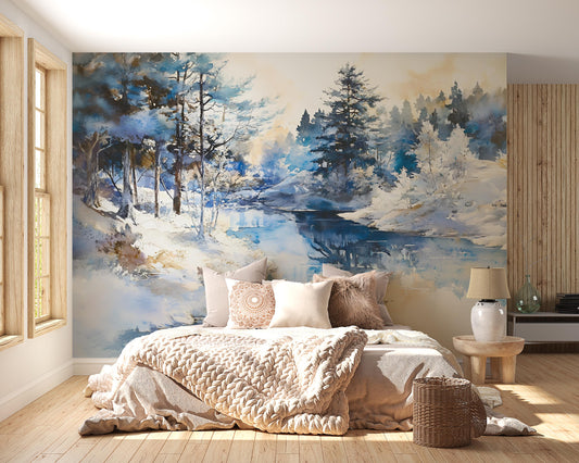 Winter Forest Wall Mural, Snowy Landscape Wallpaper, Watercolor Nature Scene Art, Blue Forest Wall Décor, Scenic Bedroom Accent Vn549
