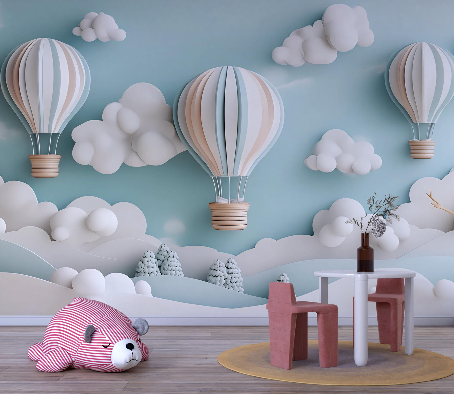 Whimsical Hot Air Balloon Wall Mural for Kids Room – Cloud & Sky Nursery Wallpaper – Dreamy Pastel Art Décor Vn259