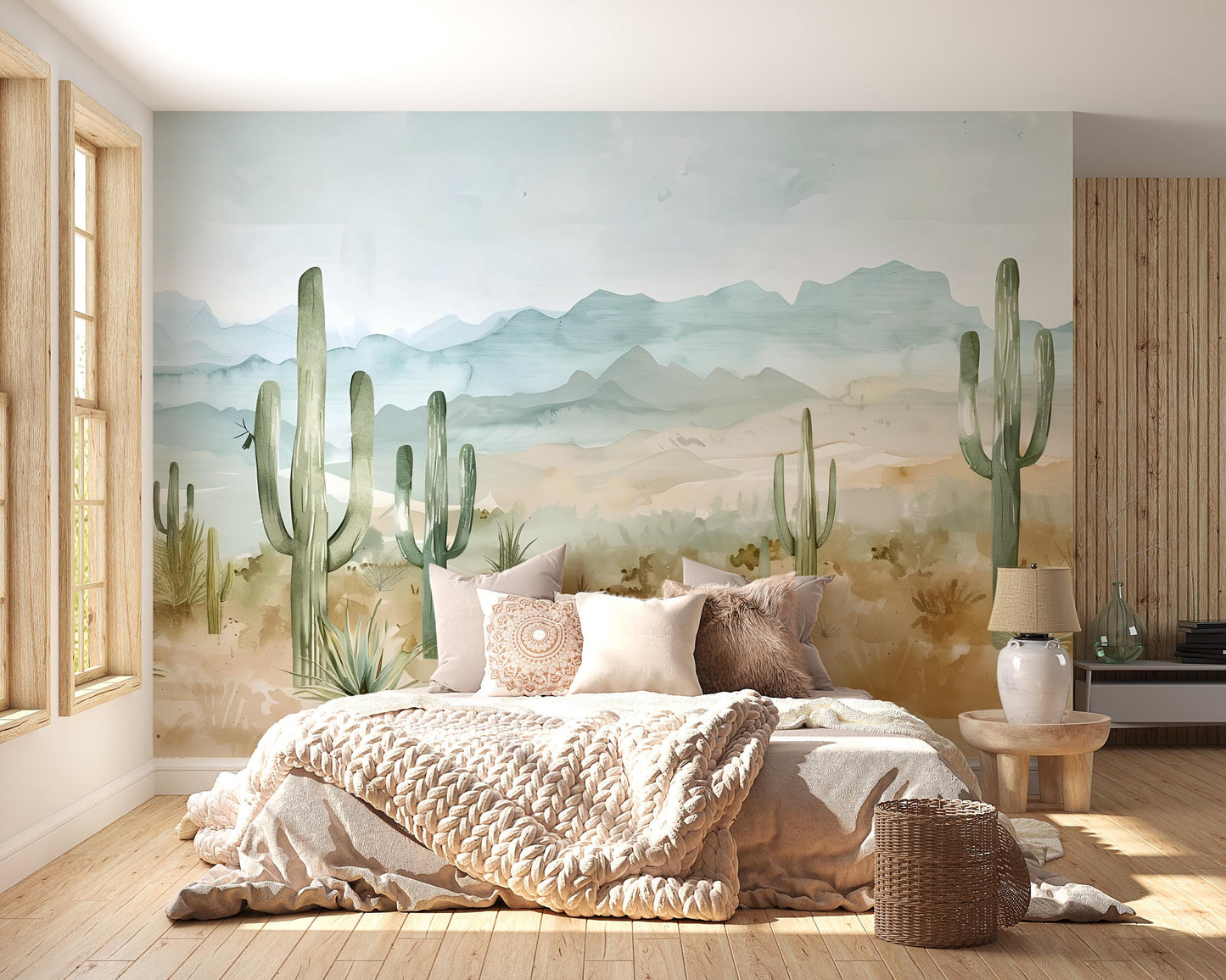 Desert Cactus Wall Mural – Southwestern Mountains Boho Wallpaper Vn1006