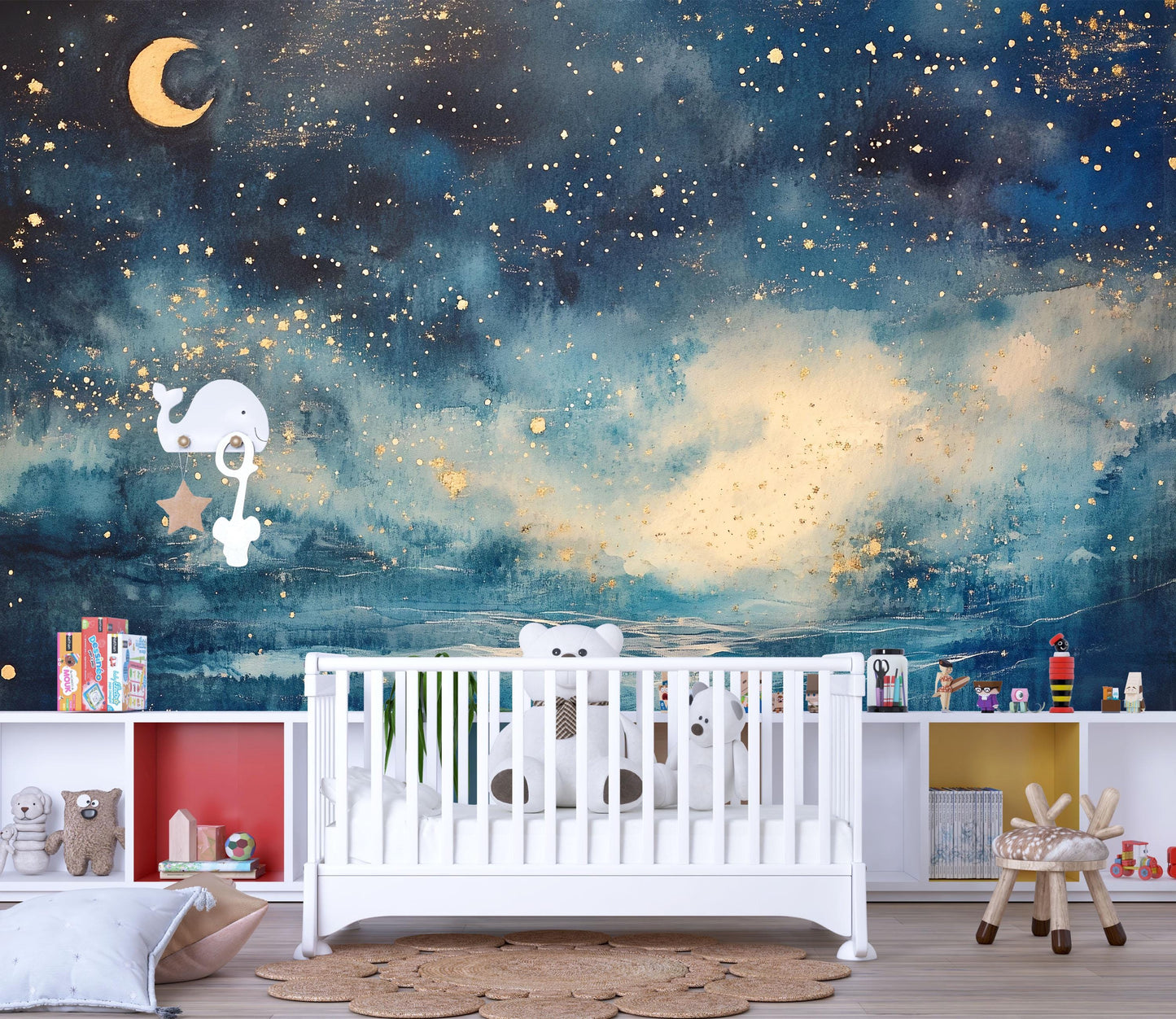 Night Sky Wall Mural – Moon and Stars Nursery Wallpaper, Dreamy Galaxy Accent Wall for Kids Room or Baby Nursery Vn854