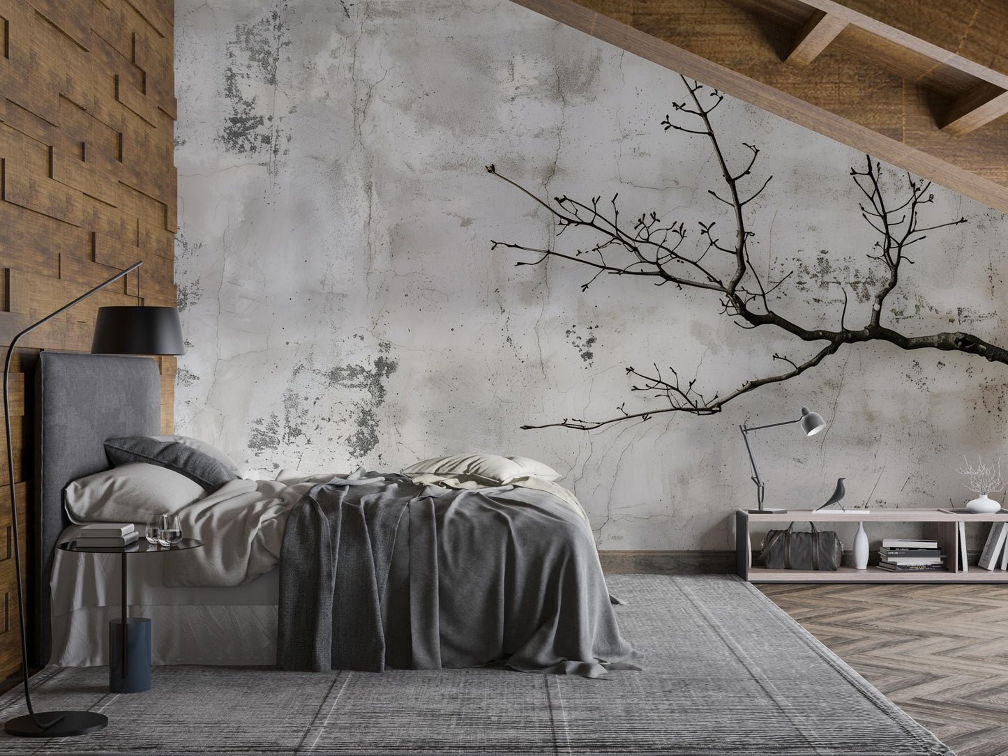 Japandi Wall Mural | Minimalist Tree Branch Concrete Wallpaper Vn1043