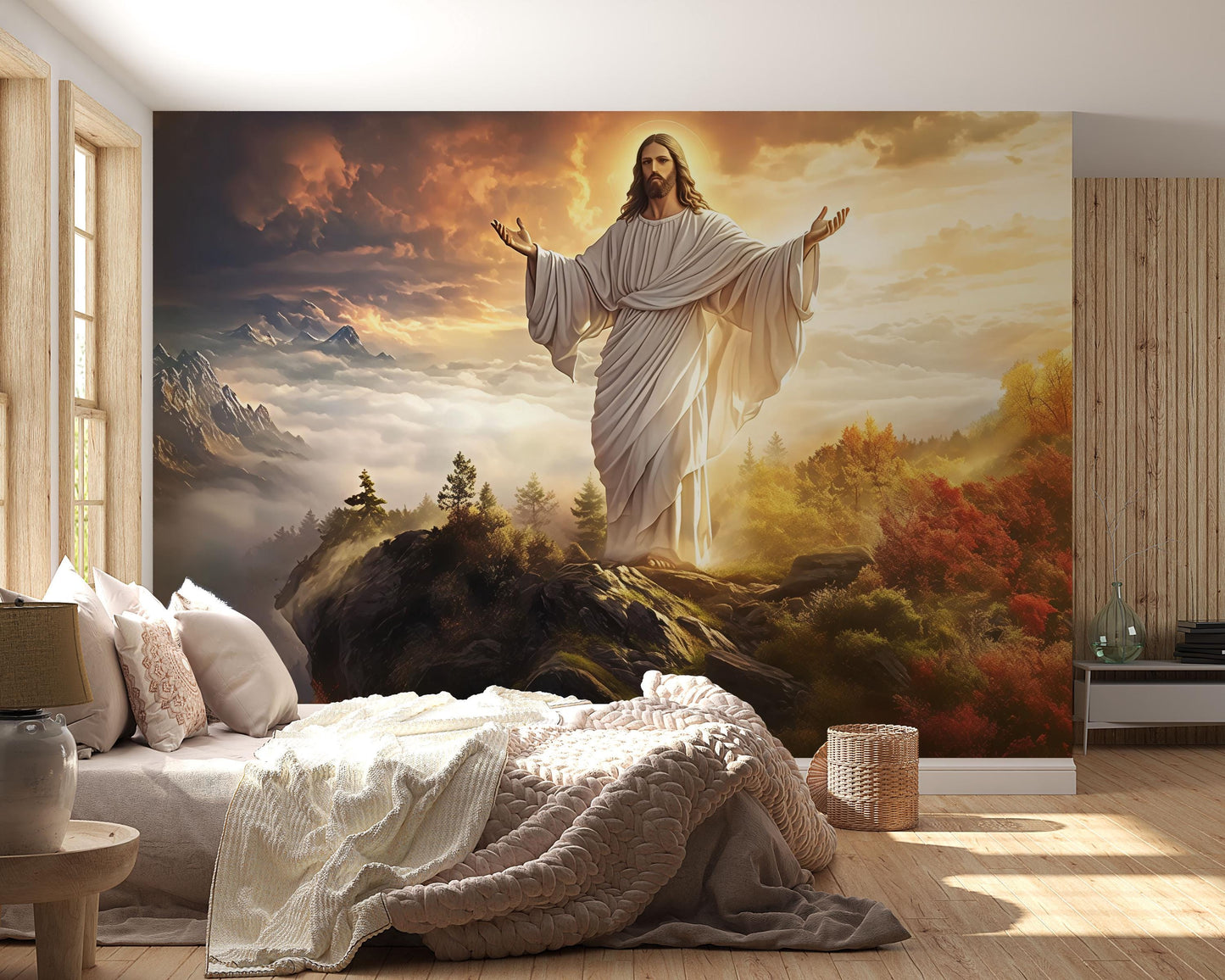 Jesus Wall Mural - Christian Bedroom Decor - Religious Jesus Christ Wallpaper - Inspirational Faith Mural Art - Jesus and Nature Vn609