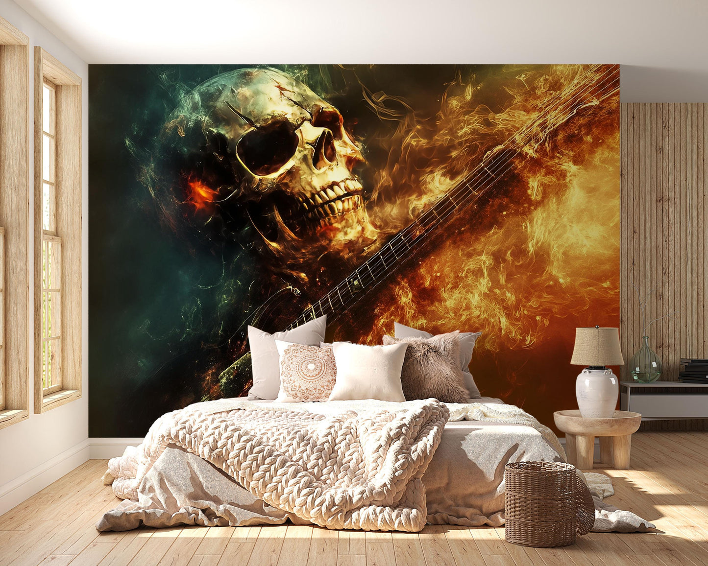 Fiery Skull Guitar Wall Mural – Rock Bedroom Decor, Flame Skull Art Wallpaper, Heavy Metal Room Aesthetic Vn717