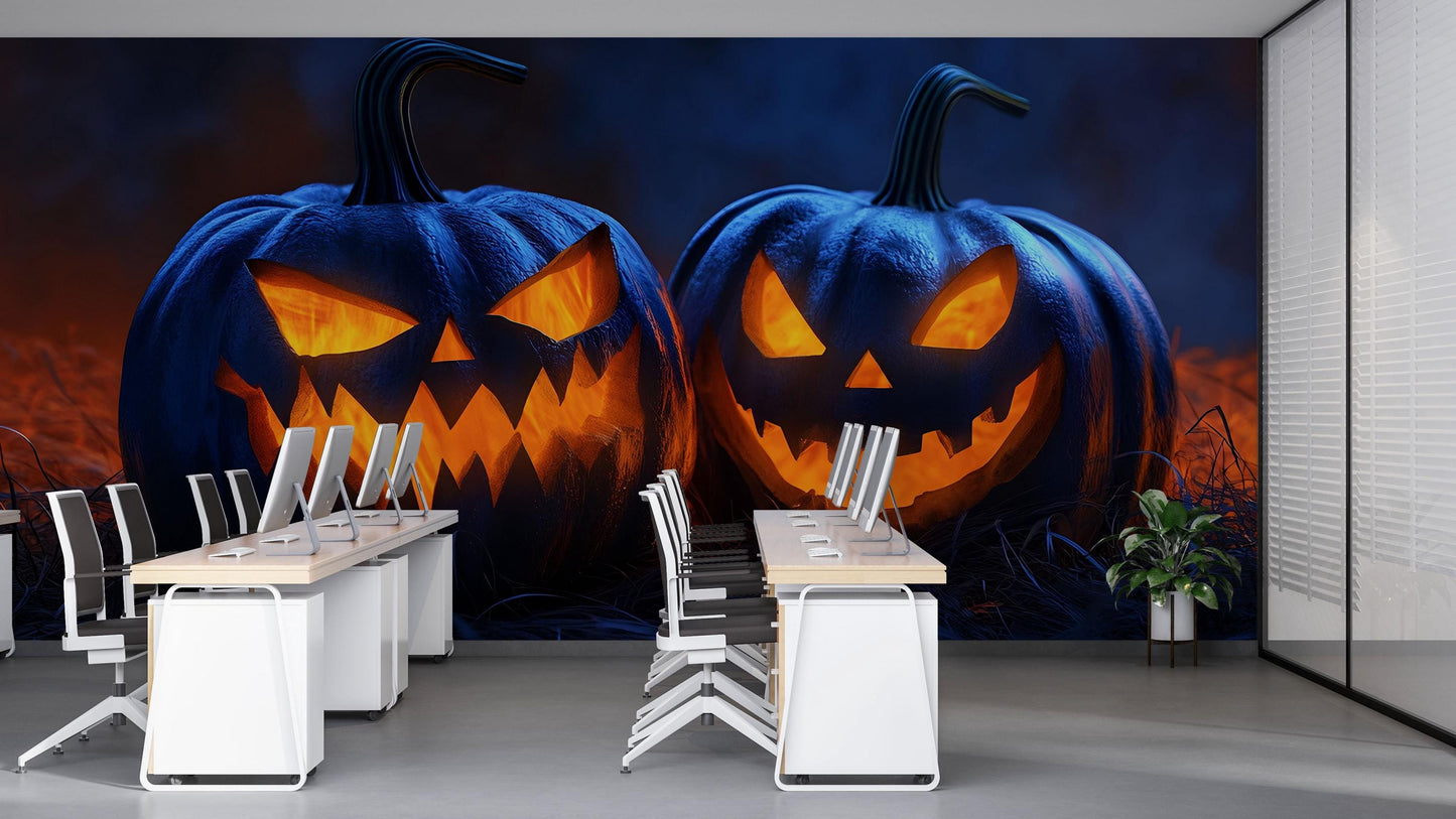 Halloween Jack-o’-Lantern Wall Mural – Spooky Pumpkin Wallpaper for Party or Office Decor  Vn787