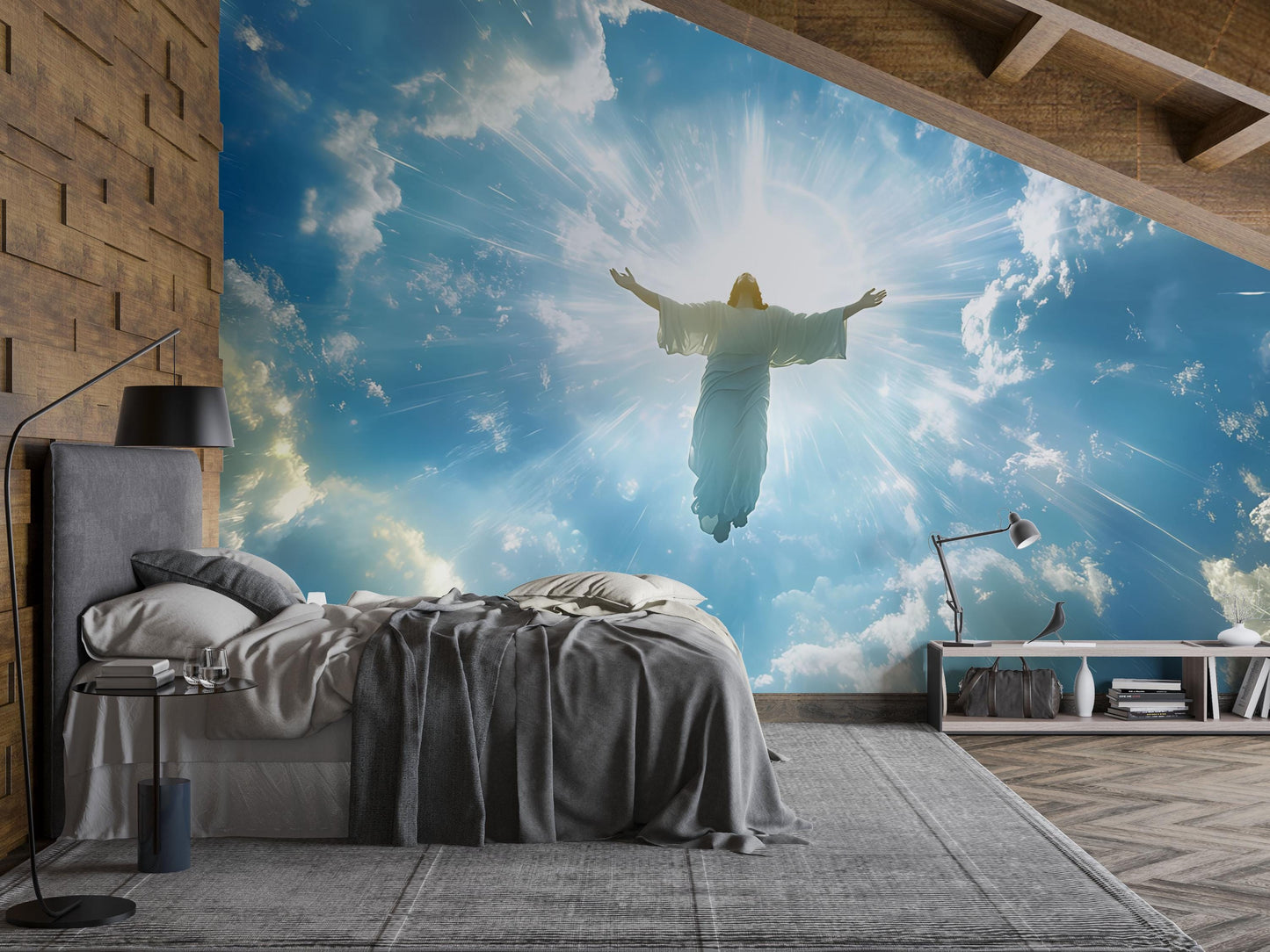 Heavenly Jesus Wall Mural | Christian Spiritual Bedroom Art | Religious Sky Clouds Wallpaper | Inspiring Faith Room Decor Vn613