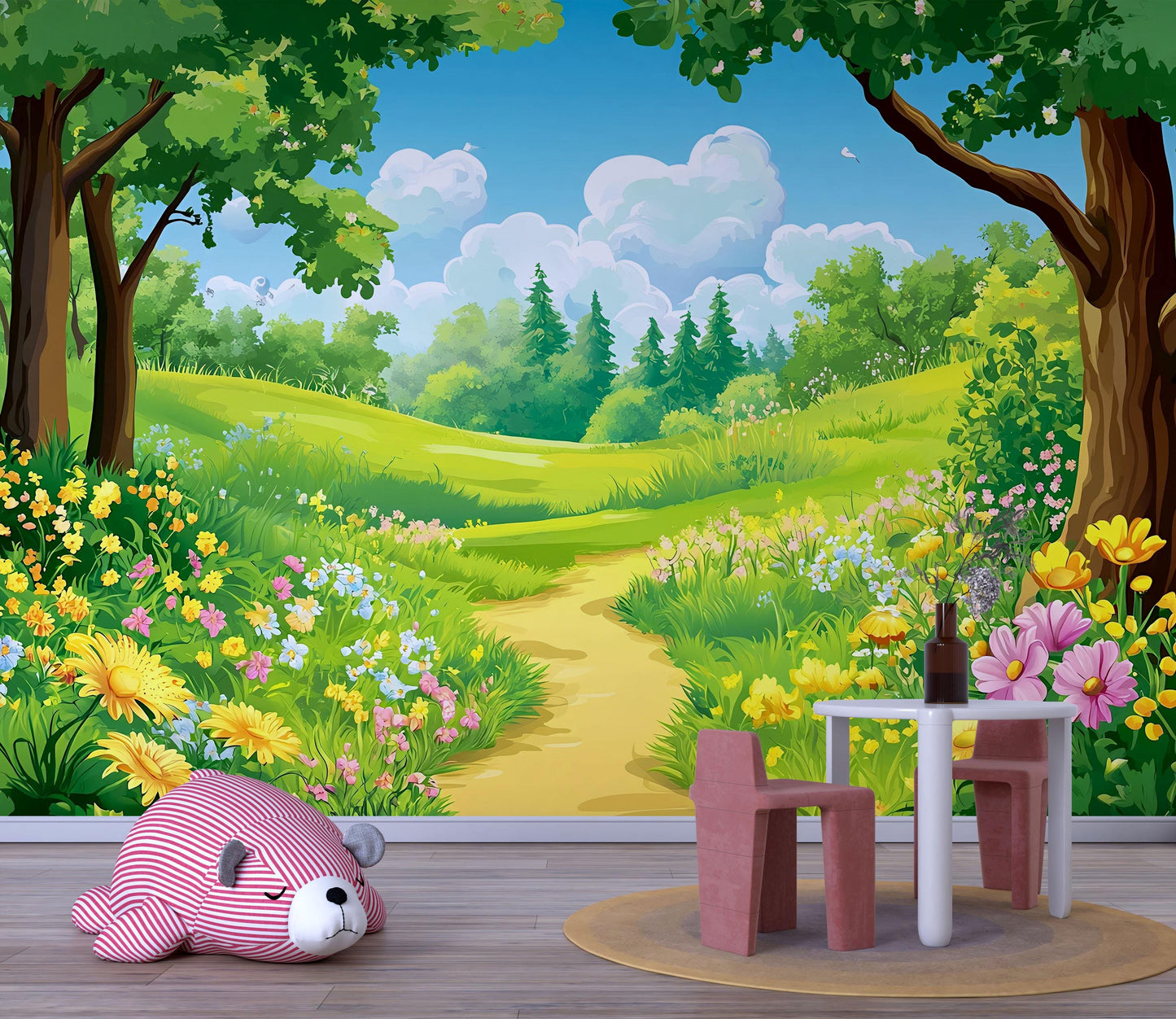Whimsical Forest Meadow Wall Mural for Kids Room – Nature Cartoon Landscape Wallpaper for Nursery or Playroom Decor Vn618