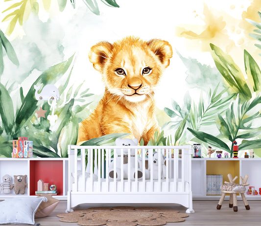 Watercolor Lion Cub Jungle Wall Mural for Kids Room Nursery Safari Animal Wallpaper Vn345