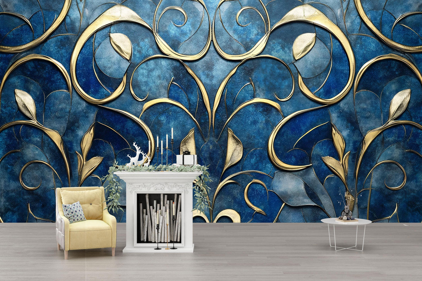 Luxury Blue & Gold Abstract Floral Wall Mural | Elegant 3D Effect Wallpaper for Living Room, Bedroom, Office Vn756