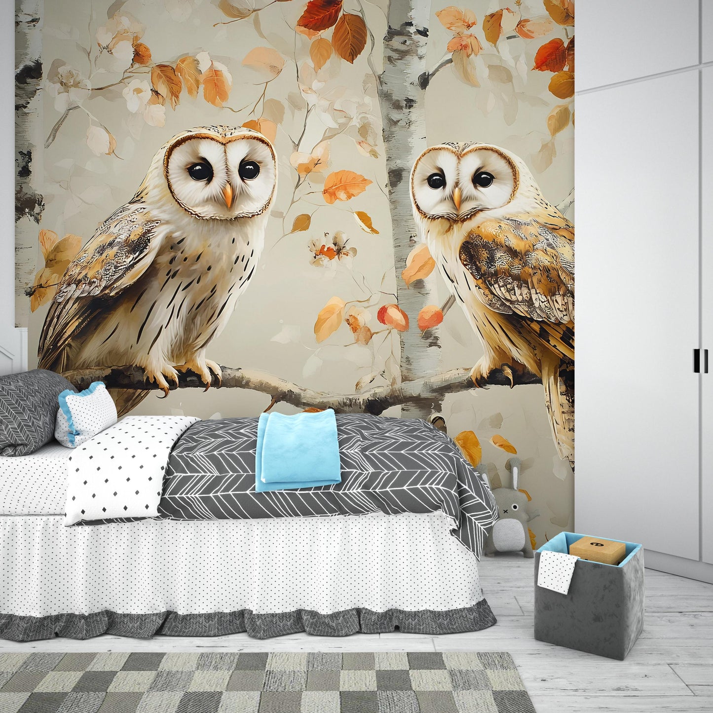 Autumn Owl Forest Mural – Barn Owl Wall Art for Bedroom Decor Vn503