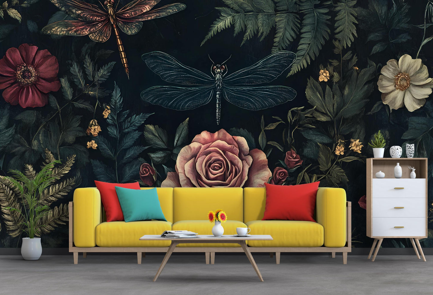 Dark Botanical Wall Art – Vintage Dragonfly & Roses Print Vn954