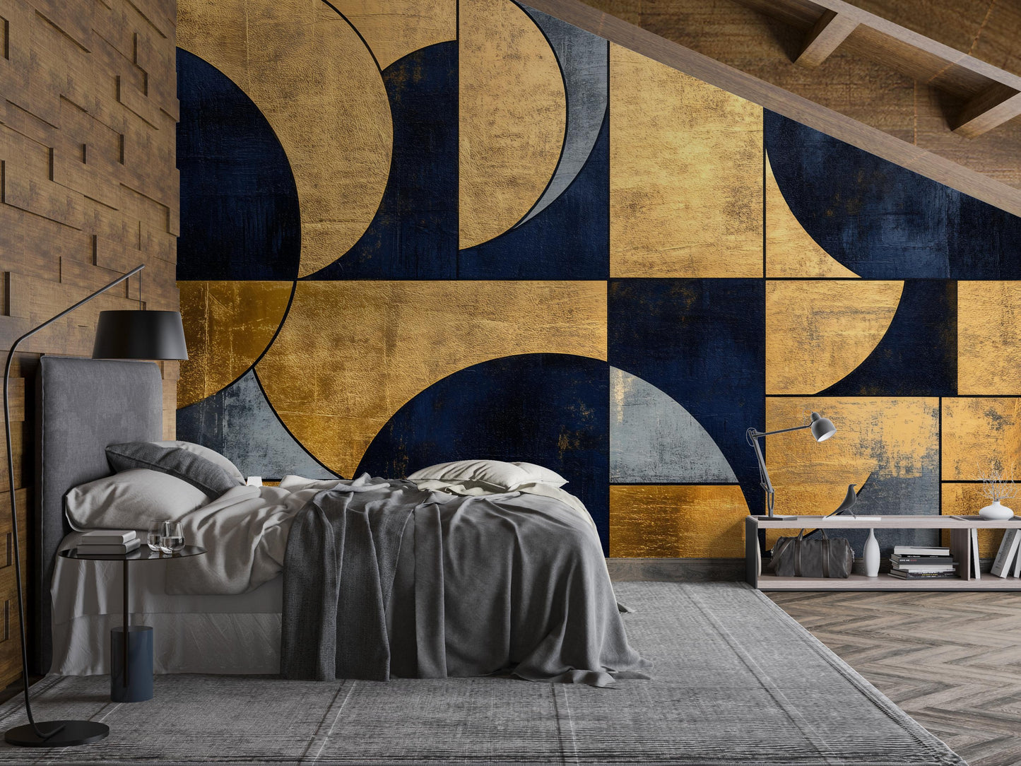 Navy Gold Geometric Wall Mural – Modern Art Deco Wallpaper Vn962