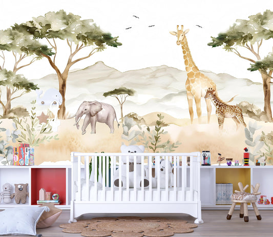 Safari Animals Wall Mural | Jungle Nursery Wallpaper with Giraffe & Elephant Vn1036