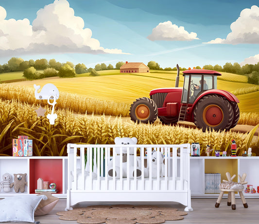 Farm Tractor Wall Mural – Kids Room Wheat Field Scene  Vn315