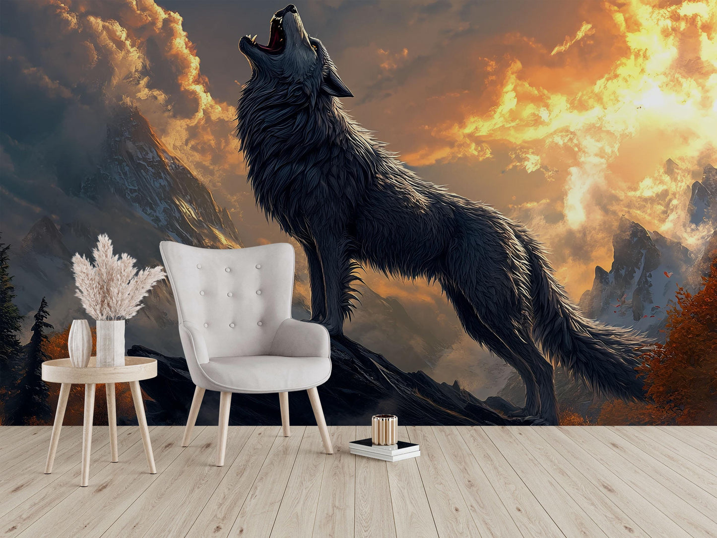 Howling Wolf Wall Mural - Mountain Sunset Forest Animal Art, Wilderness Nature Wallpaper for Living Room, Rustic Home Decor Vn599