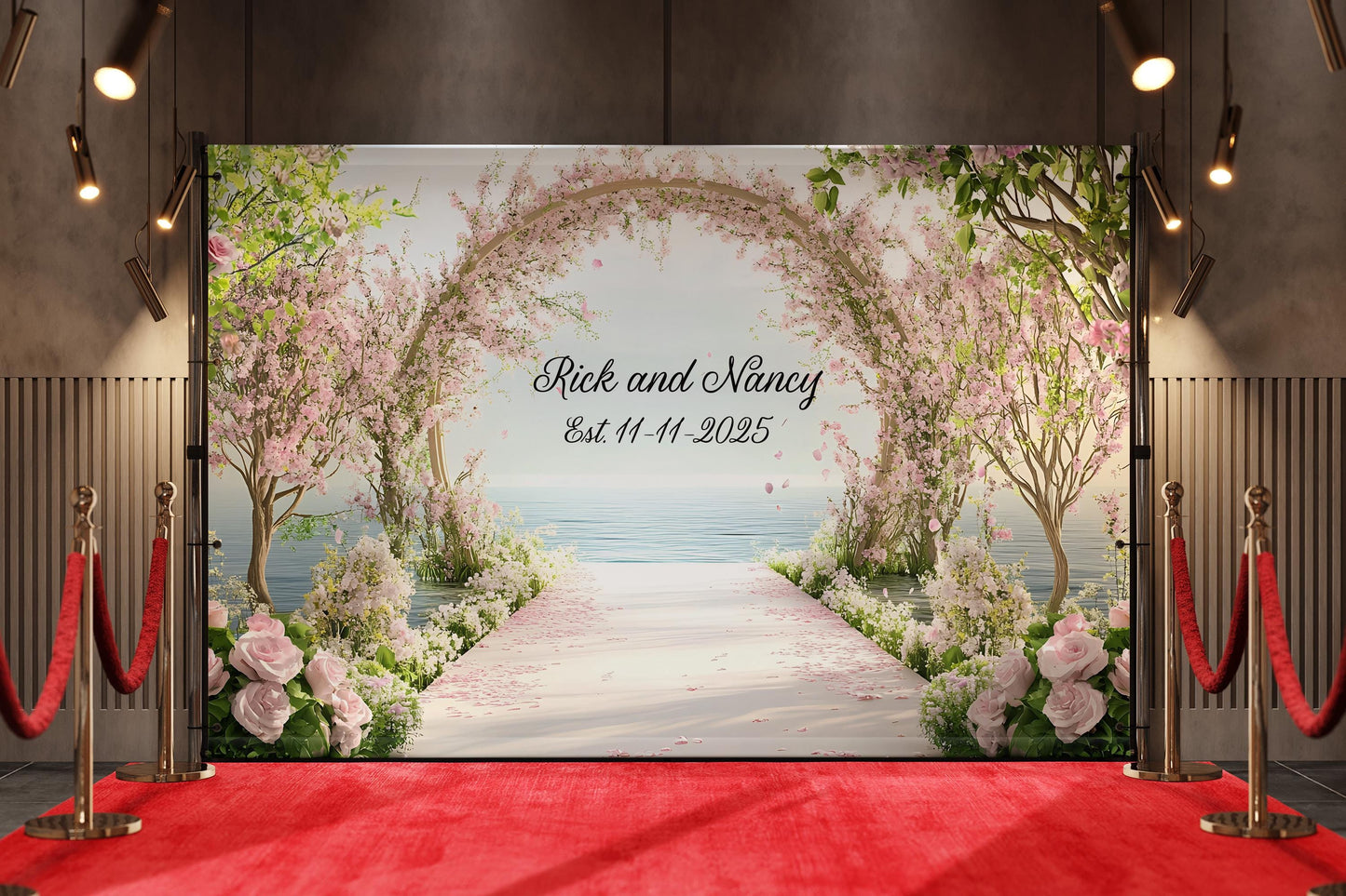 Romantic Wedding Backdrop with Names & Date – Cherry Blossom Arch Decor Vn511