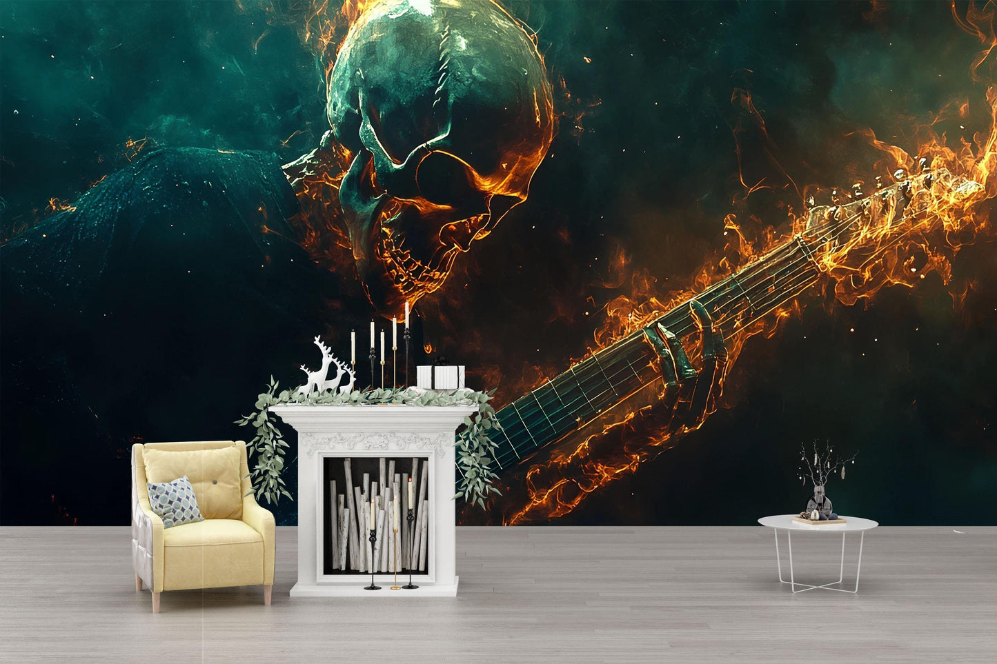 Flaming Skeleton Guitar Wall Mural – Heavy Metal Bedroom Art Decor Vn715