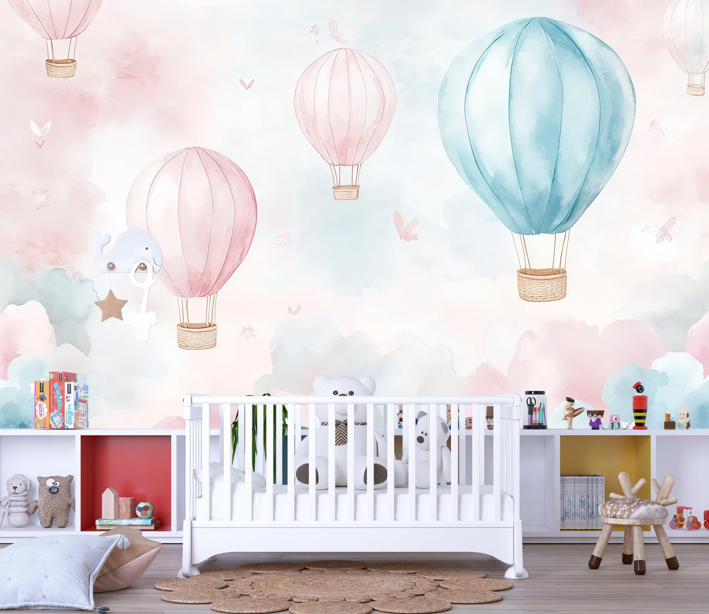 Hot Air Balloon Mural – Pink Blue Cloud Wallpaper Kids Nursery Wall Decor Vn996