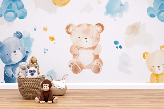 Watercolor Teddy Bear Wall Mural – Nursery Peel & Stick Wallpaper – Cute Animal Kids Room Décor – Gender Neutral Baby Wall Art Vn499