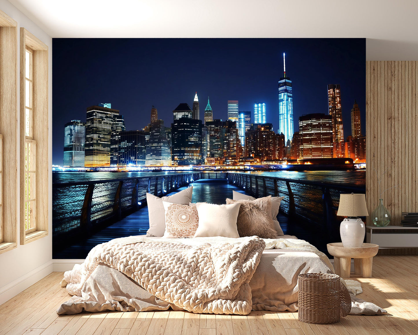 New York Skyline Wall Mural – City Lights Night Pier Wallpaper for Bedroom Vn898