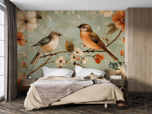 Vintage Birds Mural – Floral Botanical Wallpaper Wall Art Vn1002