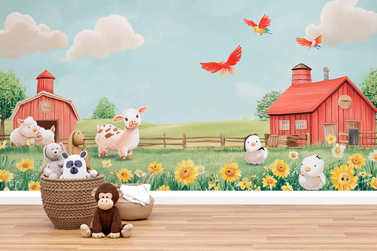 Farm Animal Wall Mural for Kids Room – Cartoon Barnyard Wallpaper with Piglet, Birds, Sunflowers – Nursery Farm Theme Decor Vn317